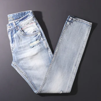 אירופאית אופנה משובחת גברים ג 'ינס רטרו כחול בהיר Slim Fit ג' ינס קרועים גברים באיכות גבוהה קו אדום מעצבים מזדמנים מכנסי ג ' ינס