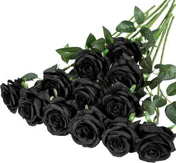 12PCS מלאכותית, פרחי משי מציאותי ורדים זר ארוך גזע הביתה חתונה קישוט (12PCS-שחור)