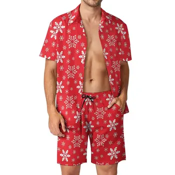 חגיגי פתית שלג Beachwear גברים סטים אדום לבן מזדמן חולצת סט קיץ גרפי קצרים שני חלקים מגניב חליפה גדול גודל