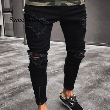 Mens ג ' ינס שחור סקיני קרע הרס למתוח Slim Fit הופ הופ מכנסיים עם חורים עבור גברים