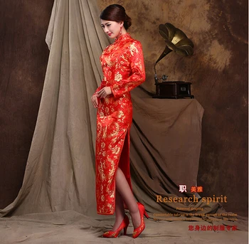 1pcs/lot בסגנון סיני אישה אדום ארוך צ ' יפאו בגדים בברכה ארוכה, עם שרוולים cheongsam