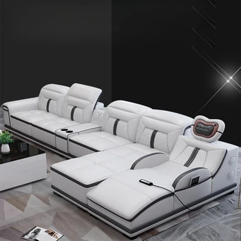 MANBAS איטלקי עור אמיתי ספה פינתית עם Bluetooth, רמקול, פונקציונלי משענת עיסוי כורסא, ספה