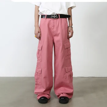 HOUZHOU ורוד מטען ג ' ינס מכנסי גברים Oversize רחב רגל סרבל מכנסיים זכר רופף מזדמן יפנית אופנת רחוב היפ הופ כיס