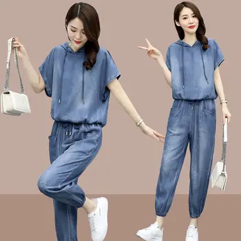נשים קיץ קאובוי החליפה 2022 החדש, הנשי, קיץ מזדמן ספורט הגירסה הקוריאנית ג ' ינס סט מכנסיים רפויים שני חלקים חליפה