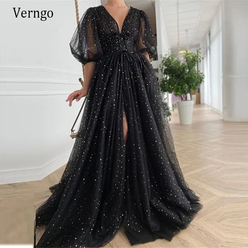 Verngo 2021 נוצץ טול שחור עם זהב כוכבים קו שמלות ערב תפוחות שרוולים צוואר V לפני שסף זמן מפלגה שמלת נשף