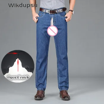 איכות גבוהה ג 'ינס Mens ג' ינס מכנסיים כחולים גברי סקסי בלתי נראה רוכסנים כפולים פתח מפשעה סקס חיצוני בגדים בתוספת גודל