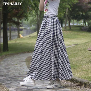 TIYIHAILEY משלוח חינם 2021 אופנה מקסי ארוכות קו אלסטי המותניים נשים כותנה, פשתן לבן, שחור משובץ אביב חצאיות
