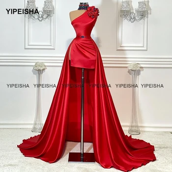 Yipeisha חרוזים קולר אדום שמלה לנשף גבוה נמוך אסימטרי Hi-lo שמלת מסיבת בהזמנה אישית סאטן שמלת נשף מסכות מותאמות אישית