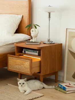 יפנית מעץ מלא קש שולחן ליד המיטה בצבע דובדבן קטן השינה המיטה ארון מודרני מינימליסטי ארוניות אחסון