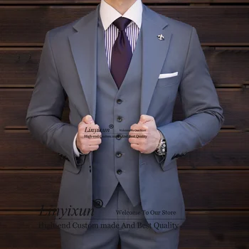 אופנה חליפה אפורה עבור Mens עסקים בלייזר גבר החתונה טוקסידו חתן Slim Fit יומי 3 חתיכה מעיל אפוד מכנסיים Terno Masculino