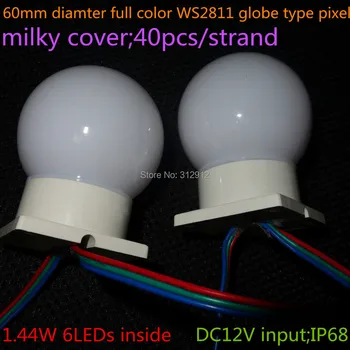 60mm RGB צבע מלא WS2811 סוג גלובוס פיקסל אור;DC12V קלט;1.44 W(6pcs 5050 SMD RGB בפנים);בסיס לבן;40pcs מחרוזת