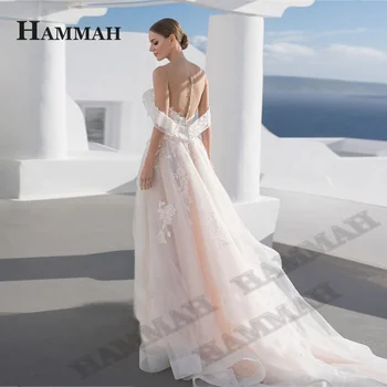 HAMMAH מקסים בציר שמלות חתונה עבור הכלה אפליקציות קו טול את הכתף רכבת משפט מסיבת החוף להתלבש