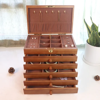 חדש 6-שכבת עץ מלא קופסא תכשיטי רטרו קופסת תכשיטים כמתנה לחתונה תצוגת קיבולת גדולה הנסיכה תכשיטים אחסון קופסא מתנה