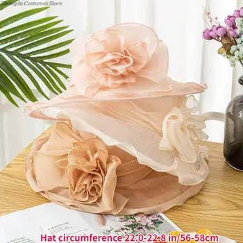 נשים אלגנטית, כובע מתקפל אורגנזה קוקטייל מסיבת התה כובע פרח לשיער שוליים רחבים, השמש להגן כובע חתונת כלה כובע