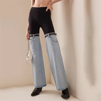2023 האביב מגמה נשים קוריאני אופנה סרוגים החדרת ג 'ינס חדש גבוהה המותניים הזיקוק מכנסי דגמ