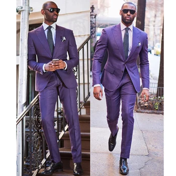 הקיץ החדש זכר חליפת אופנה שיא דש שני כפתורים סגולים בלייזר עסקים החתונה טוקסידו מקרית Slim Fit 2 חתיכת חליפות לגברים