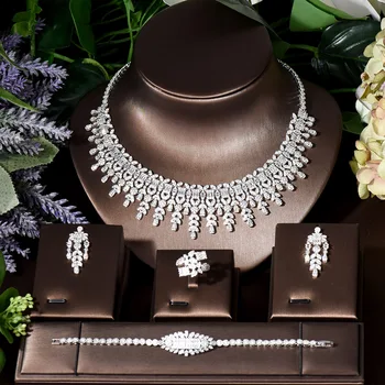 אופנה קלאסית 4pcs דובאי תכשיטים מגדיר עבור נשים, מסיבת חתונה יוקרה זרקונים ההודי שרשרת עגיל להגדיר faux N-163