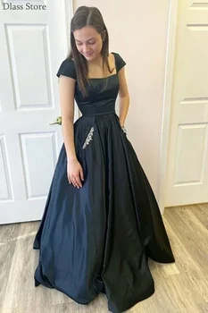 שחור שמלת נשף סאטן באורך רצפת שרוולים קצרים צוואר מרובע פשוט כיסים סקסי ללא משענת שמלת ערב סיום גלימות платье