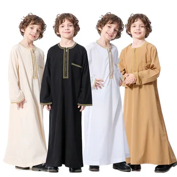 בגדי גברים Jubba Thobe הבגדים של הילדים האיסלאם במזרח התיכון. דובאי רקמה סוודר צוואר עגול שרוול ארוך רוכסן כיס