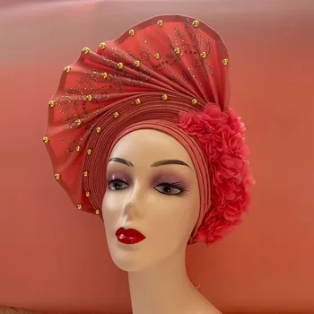 יפה 3D פרח הניגרי Gele Headtie אסו בסדר Gele כבר עשה אוטומטי Gele אסו אפריקה טורבן כובע עם חרוזים מסיבת 1Piece