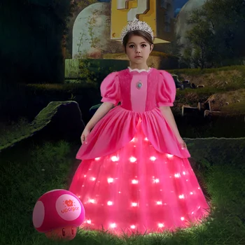 אפרסק נסיכה LED עבור שמלת ילדה ליל כל הקדושים תחפושות קוספליי ילדים על הבמה הבגדים ילד יום הולדת. מסיבת קרנבל השמלה