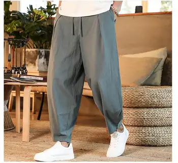 יפנית חופשי גברים כותנה, מכנסי פשתן זכר קיץ חדש לנשימה מוצק צבע פשתן מכנסיים כושר אופנת רחוב בתוספת גודל מ-5XL