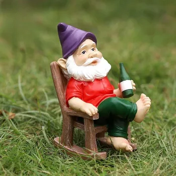 מצחיק גמד הגינה חיצונית פסלים שובב פיסול קישוט כיסא נדנדה Gnome מקורה דשא בחצר פטיו קישוטים