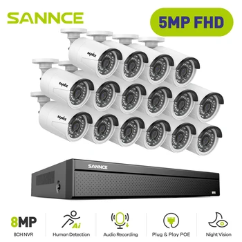 SANNCE 5MP פו מצלמות מעקב מערכת 16CH H. 265+ 8MP NVR עם 16PCS 5 מגה פיקסל מצלמות אבטחה פו מצלמות IP