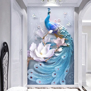מותאם אישית בכל גודל ציור קיר טפט 3D סטריאו הקלה טווס כחול פרחים ציור קיר הסלון מלון כניסה רקע קיר 3 D