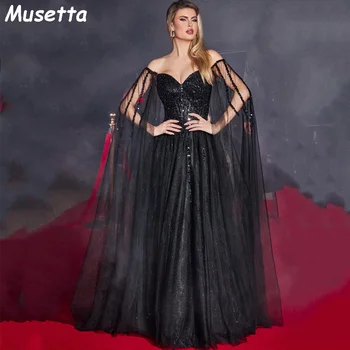 Musetta קייפ שחור שרוול שמלת Gliiter פאייטים Embroid 2023 שמלה לנשף סקסית ונוצצת קו הסיום חתונה ערב צד שמלות