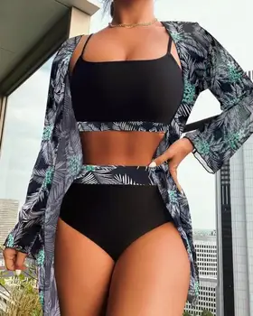 שלושה חלקים סקסי מיני ביקיני 2023 טרופי הדפסה צוואר מרובע בגדי הים של הנשים לחתוך בגד ים ביקיני החליפה חוף הים החג