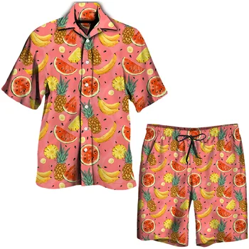בקיץ אנשים חדשים הוואי סטים צבעוניים פירות הדפסת דש כפתור חולצות/מכנסיים קצרים/סטים מזדמנים זכר Beachwear החג 2 חתיכת חליפות