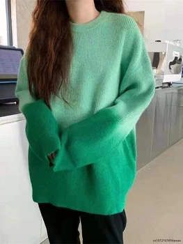אישה סוודר Pullovers החורף קוריאני אופנה סוודר שרוול ארוך העליון עבה, סוודרים סרוגים O-צוואר שיפוע מעל בגודל סוודר
