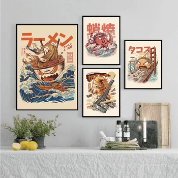 ראמן יפני מצויר דרקון מפלצת חיה בד אמנות ציור של מטבח קישוט הקיר תמונה נודלס מזון פוסטרים והדפסים