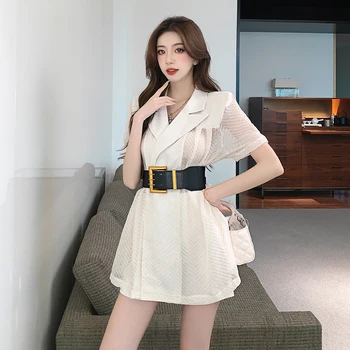 הפבורן סגנון חליפת מכנסיים קצרים להגדיר נשים קיץ קוריאה אופנה מחורצים צווארון רשת sheer blouse קצר מכנסיים 2pcs סט
