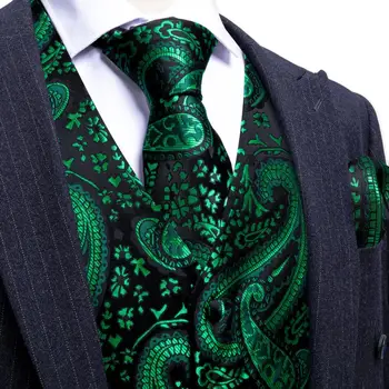 יוקרה משי שחור ירוק פייזלי האפוד עבור גברים הז 'קט עניבה הנקי חפתים להגדיר עסק רשמי בלי שרוולים ז' קט ברי וונג