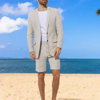 בגדי גברים בהתאמה אישית הקיץ פשתן ז ' קט עם מכנסיים קצרים חול אפור חוף חתונה לגברים לנשימה סלים המותאמים החתן.
