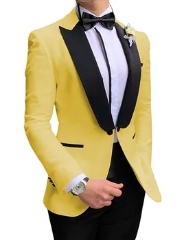 2020 גברים 2 חתיכות צהוב חליפות לגברים בהתאמה אישית Terno Slim Fit החתן חליפות חתונה גברים חליפה Masculino (ז ' קט+מכנסיים+קשת)