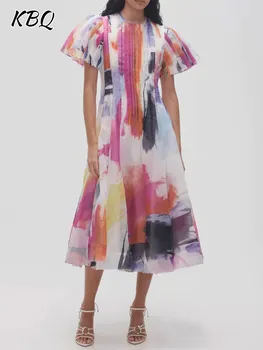 KBQ הדפסה Colorblock שיק שמלות עבור נשים סביב צוואר פאף השרוול גבוה המותניים משולבים בשורה Ruched שמלה נשית בגדי הקיץ