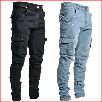 ג 'ינס גברים מכנסיים מזדמנים כותנה, ג' ינס מכנסיים רב מטען בכיס הג ' ינס גברים סגנון רחוב היפ הופ עיפרון המכנסיים כיסים בצד מטען