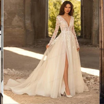 שרוול ארוך תחרת שמלות כלה 2021 טול צוואר V שמלת הכלה גבוהה פיצול קו חתונה שמלת חלוק בתוספת גודל החלוק דה mariee