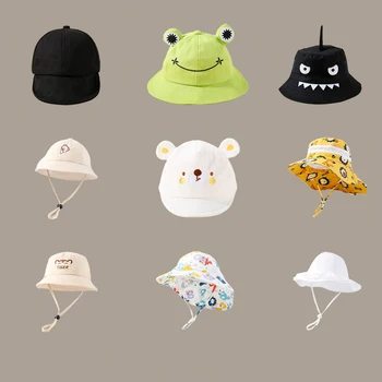 ילדים כותנה דלי כובעי קיץ חדשה מוצק Sunhat תינוק ילדה קריקטורה דינוזאור צפרדע לשיא שווי חיצונית דייג כובעים עבור 0-3Y