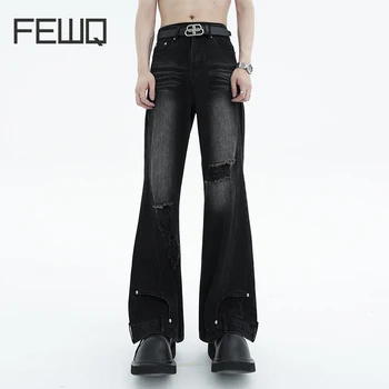 FEWQ סלים גברים חדשים של ג ' ינס באמצע גבוהה המותניים 2023 חדש קוריאני אופנה לקשור צבע צבע Darkwear זכר מכנסיים סתיו חורף 24X1448