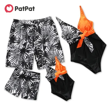 PatPat המשפחה התאמת Allover צמחים הדפסה בגד ים מכנסיים קצרים Colorblock ספגטי רצועה אחת חלקים של בגדי ים