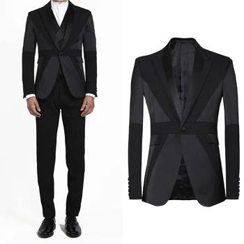 השחור החדש בגדי גברים בהתאמה אישית 3 חתיכות מעיל אפוד מכנסיים כפתור אחד עסק Slim Fit סאטן חתונה החתן מותאם בתוספת גודל