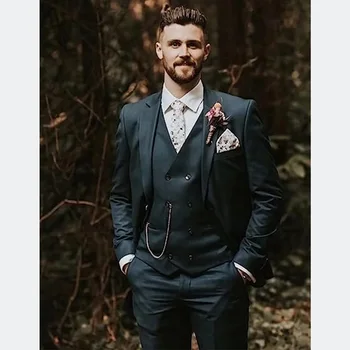 חליפות אלגנטיות לגברים Slim Fit 3 חתיכה כפולה שולי מעיל האפוד מכנסיים להגדיר עבור מסיבת החתונה עסקים