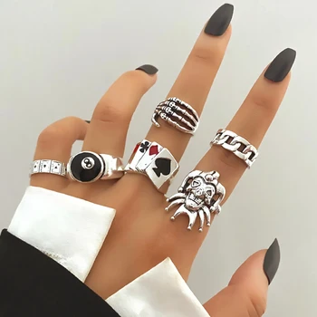 FNIO גותי בציר ליצן פוקר טבעות להגדיר עבור נשים גברים יצירתיים צבע כסף היפ הופ רוק טבעת תכשיטים 2022
