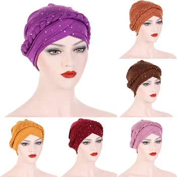 2023 נצנצים טורבן כובעים עבור נשים צמות הודו כובע ראש לעטוף Headtie המוסלמים מצנפות Turbante Mujer מצנפות הראש כובע בסיס