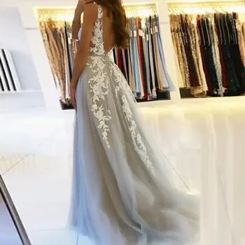 אלגנטי טול קו תחרה שמלת ערב 2022 סקסית V-צוואר חרוזים שמלות לנשף ללא משענת שרוולים לנשים סאטן Vestidos דה נוצ ' ה.