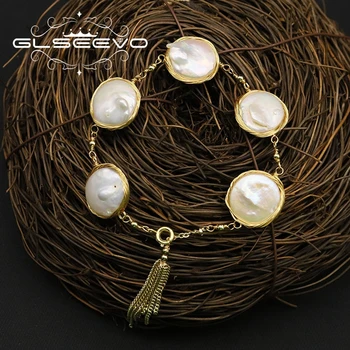 GLSEEVO המקורי טבעי מים מתוקים הבארוק שטוח פרל מתכוונן ציצית צמידים לנשים מתנה תכשיטים יפים Bileklik GB0147